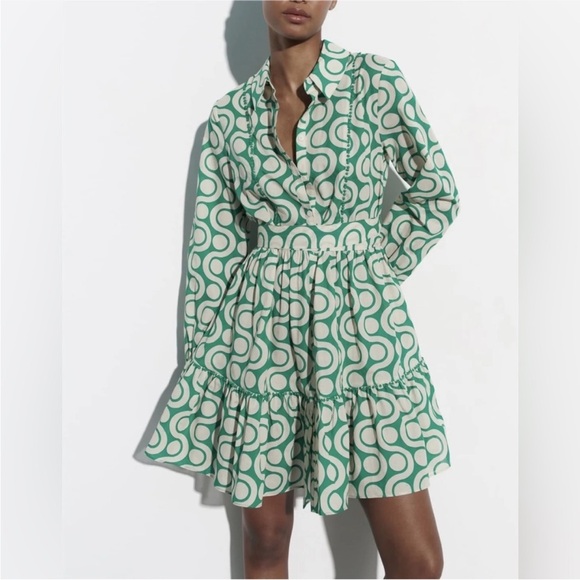 Zara Dresses & Skirts - Zara Long-Sleeve Cream & Green Shirt Dress